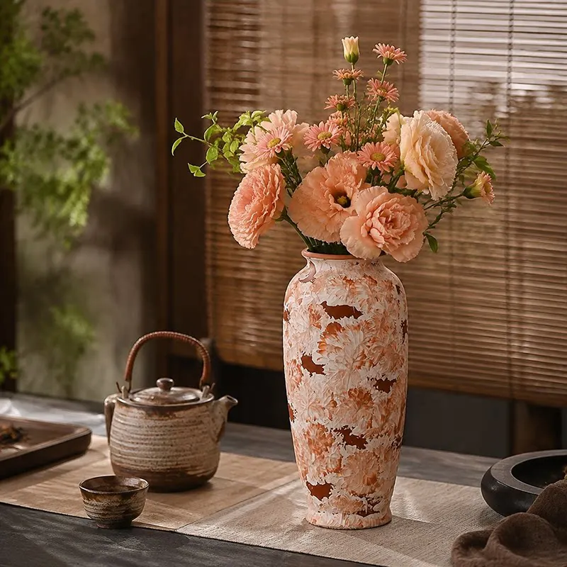 Modern Mid-Century Ceramic Vase, Tall Foot Wabi-Sabi Style Vase, Light Luxury Dried Flower Arrangement for Living Room Decor Art