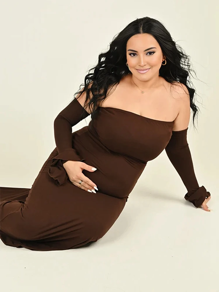 ثوب الحمل البني قبالة الكتف كم طويل الأمومة التقطت الصور اللباس ماكسي الزي الأمومة التصوير الدعامة الاستوديو