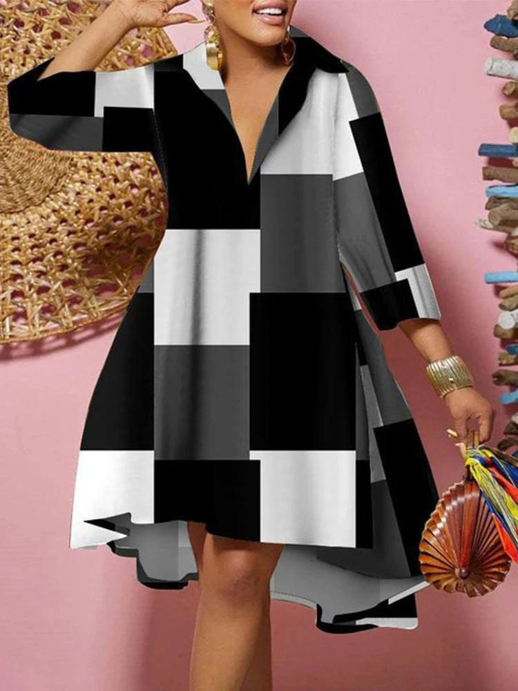 Plus Size 2024 Summer New Women\'s Casual V Neck Long Sleeve Plaid A Line Dress Oversized Outdoor Dress for Female