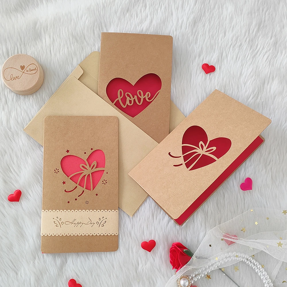 Vintage Kraft Paper Valentine\'s Day Greeting Card with Envelope Cutout Love Heart Rose Mother\'s Day Thank you Card Blessing Gift