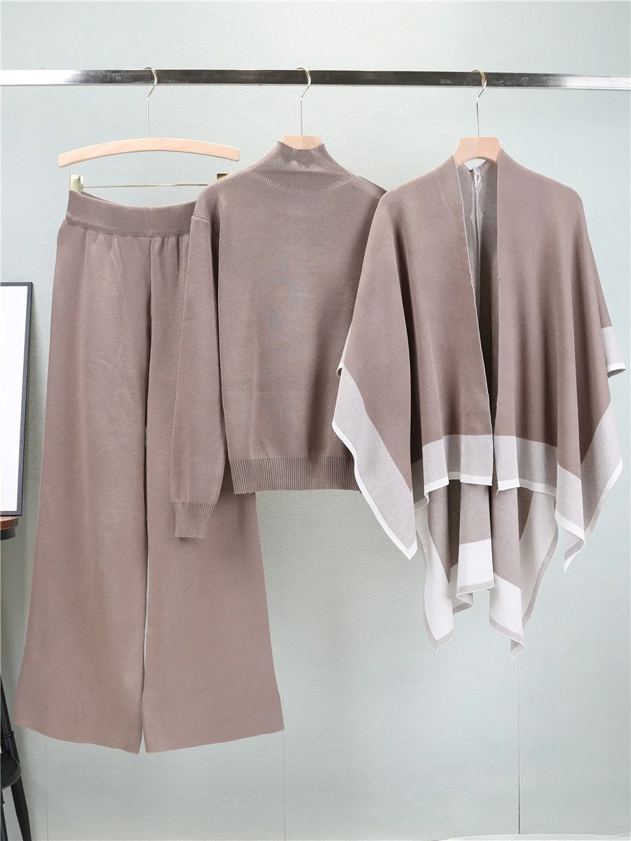 

Fashionable Knitted Three-Piece Set Women's Long Sleeve Sweater Shawl Sports Casual Pants Autumn Seasonal Leisure Style
