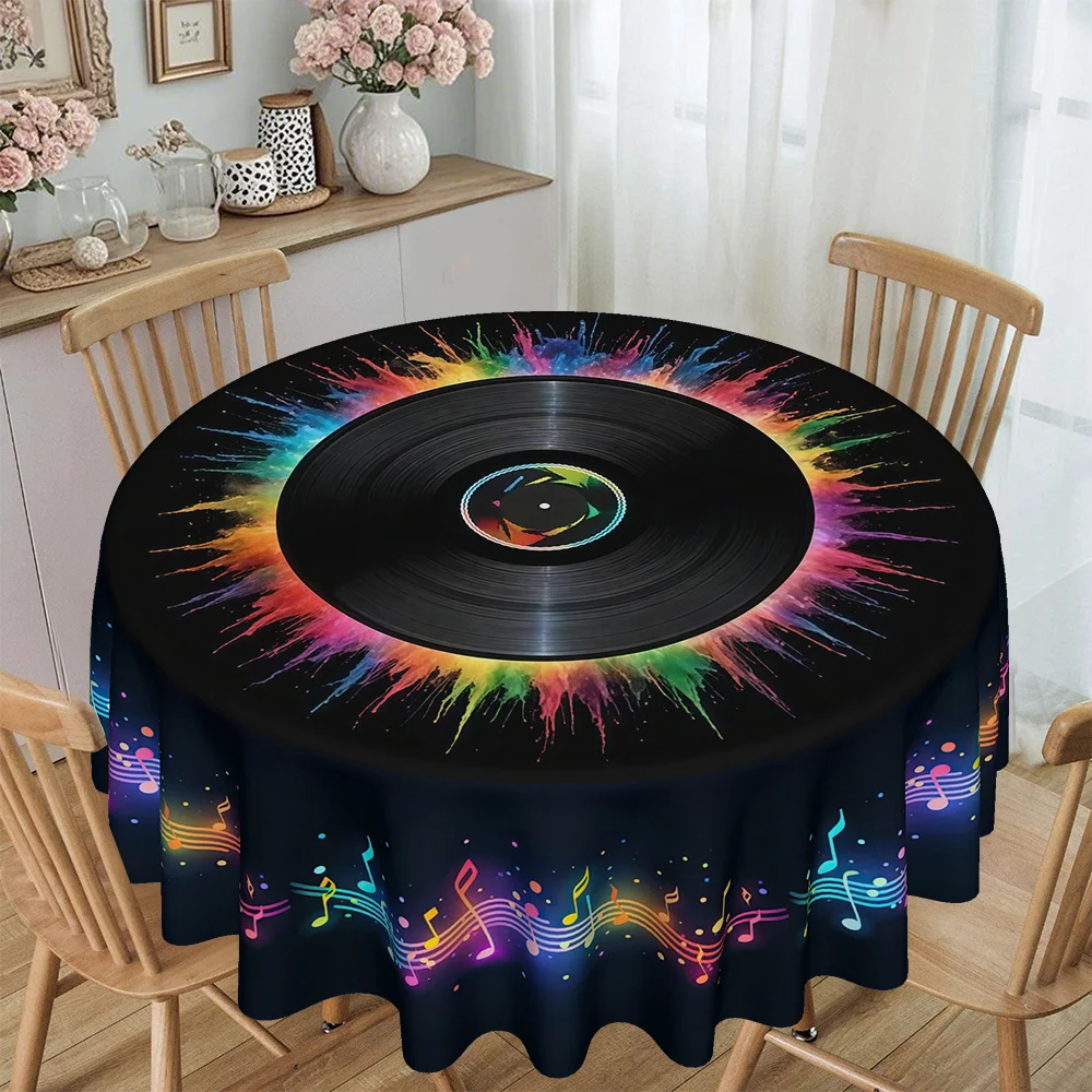 1pc Colorful Black Vinyl Record Note Embroidery Kitchen/Dining Room Round Tablecloth, 120g/㎡ Twill Polyester Materialxzj