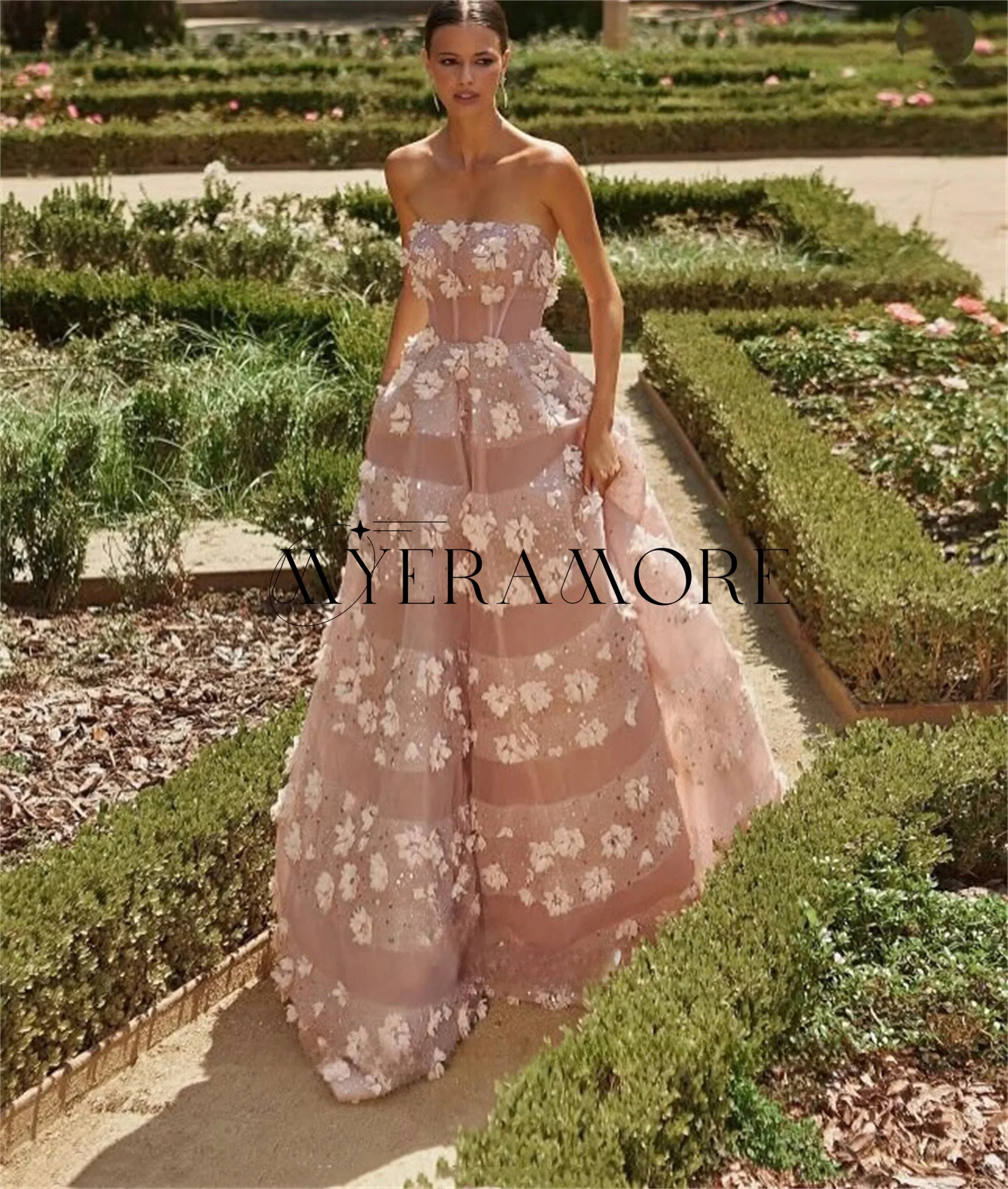 

Exquisite Strapless Evening Dresses Pink A-Line Shiny Sequins Lace Flowers Prom Dresses Customized فساتين سهرة