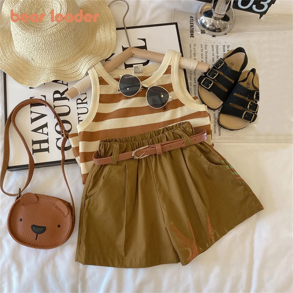 Bear Leader Girls Fashionable and Casual Set 2023 Summer Thin Children\'s Stripe Suspender Tank Top Shorts Two Piece Set Clothes