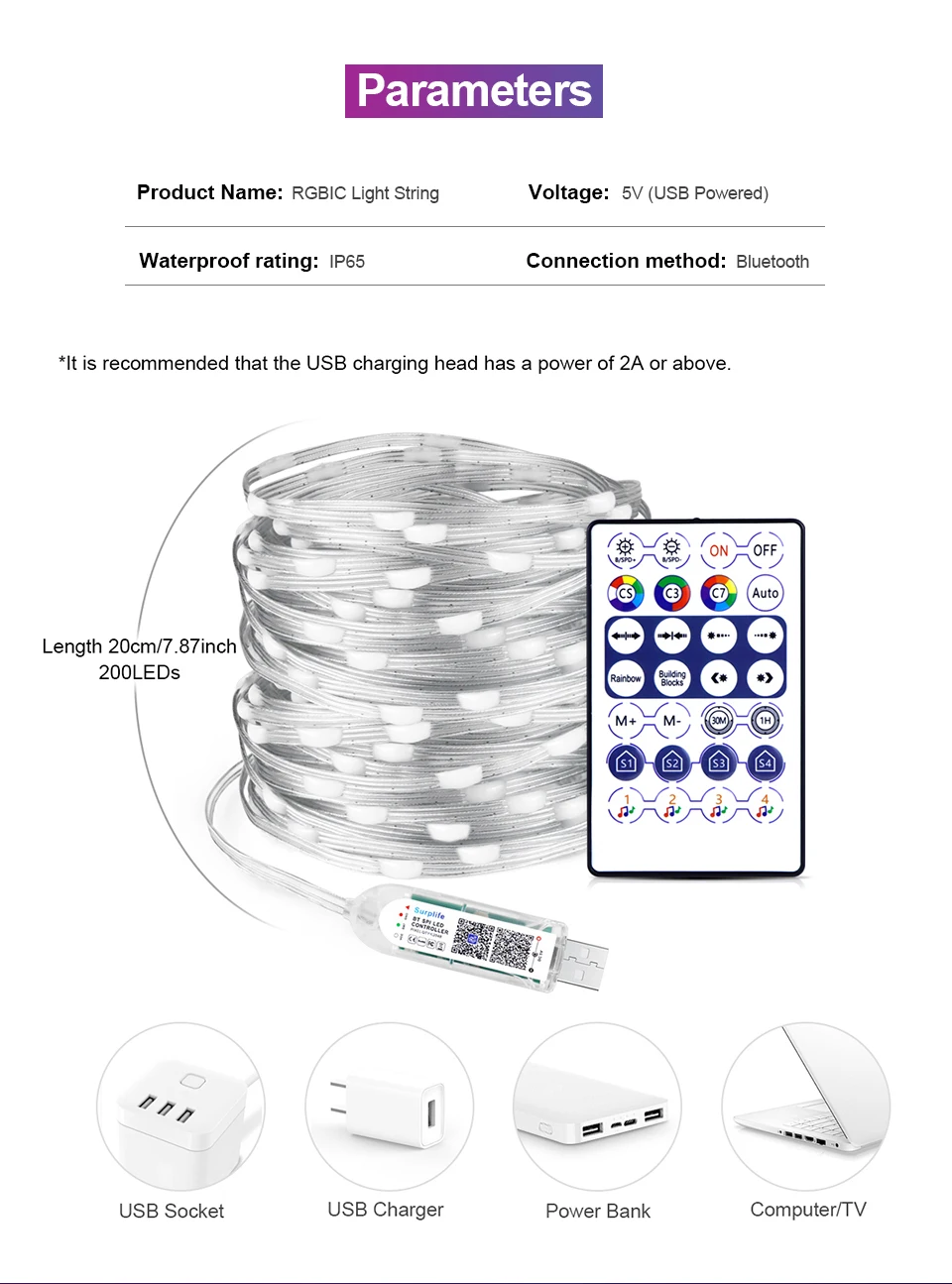 RGBIC Christmas LED String Light USB Bluetooth Fairy Lights Festoon Wedding Camping Outdoor Garden Room Decor LED Garland Lamp