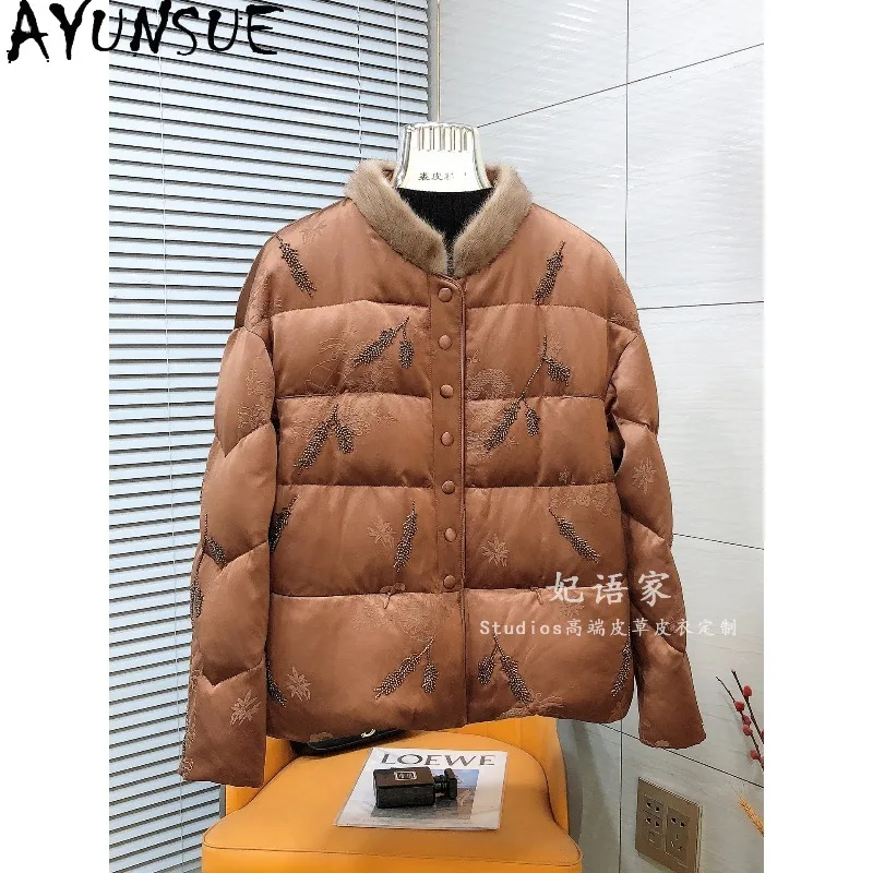 AYUNSUE Women's Goose Down Jackets Fashion Mink Fur Collar Outerwears Embroidered Down Jacket Woman Clothes Winter Ropa Mujer