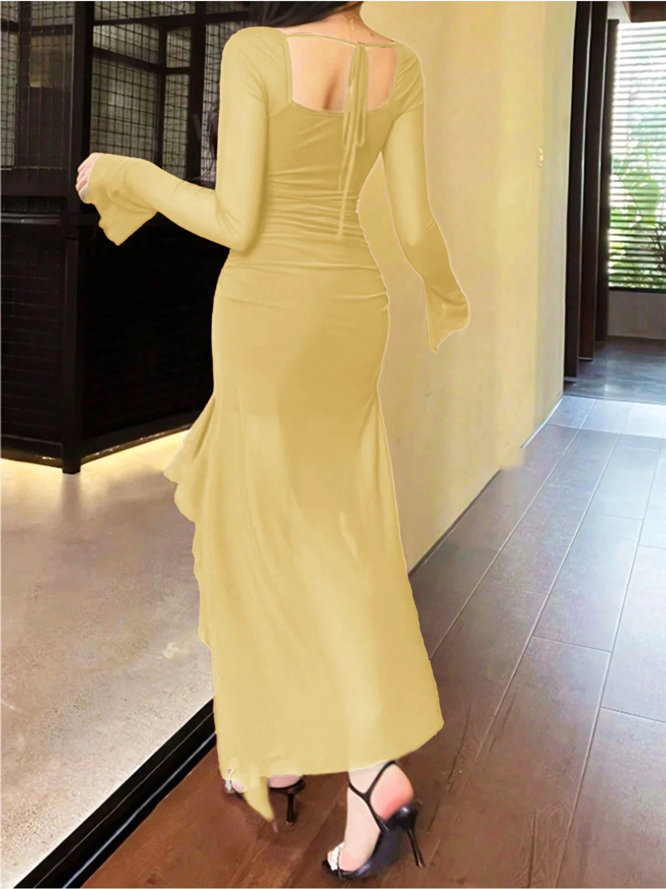 レディース無地フリルトリム長袖ドレスエレガントなファッションシアーメッシュドレス、日常のアウトドアウェア、女性のドレスオールシーズン対応