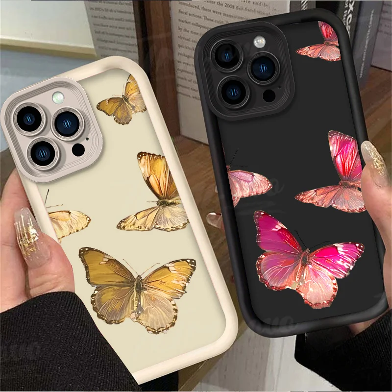 Premium Gold Pink Butterfly Phone Case for iPhone 14 15 Pro Max 13 12 11 X XS XR 7 8 Plus SE 2020 Shockproof Silicone Back Cover
