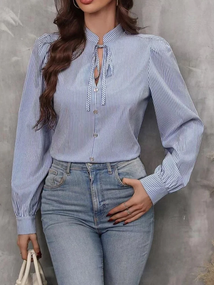 

New Women's Lace-up Shirt,Long Sleeve Shirts,Striped Shirts,Button On Shirts,Casual Shirts,Elegant Shirts,Woman's 2025 Clothing