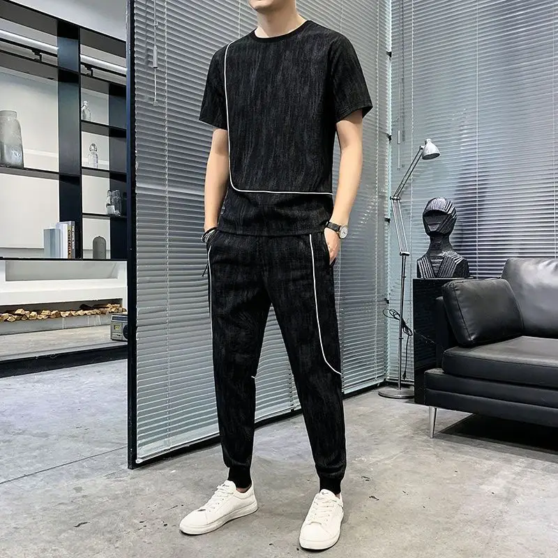 White Top Pants Sets Black Men's Clothing Basic Loose 2 Piece Outfit Novelty in Cool High Quality T Shirt Man Chic Cotton Kpop