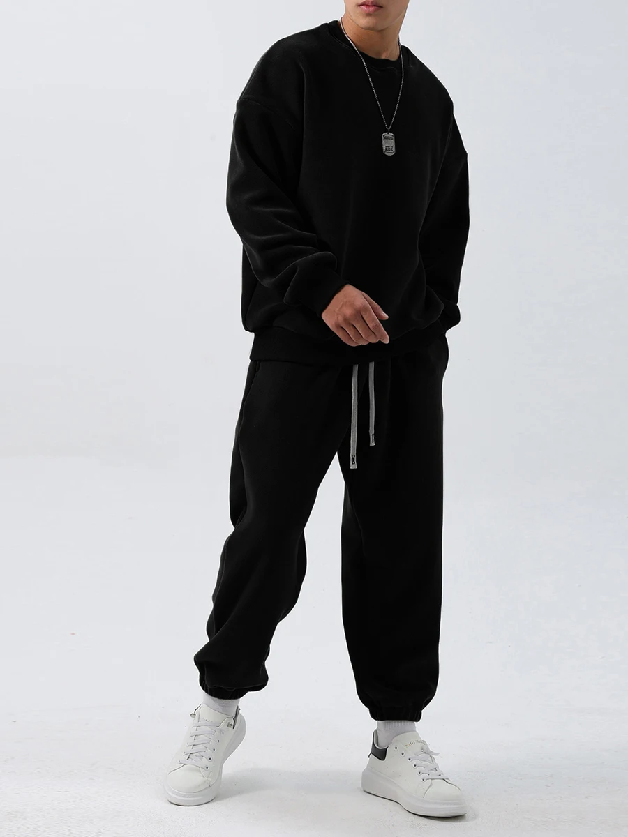 Men\'s 2 Piece Sweatsuits Set Warm Solid Color Crew Neck Long Sleeve Fleece Sweatshirts and Drawstring Pants Fall Winter Outfits