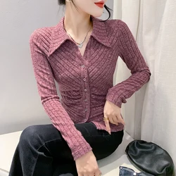 2023 Fall Winter European Clothes Thick T-Shirt Sexy Lapel Single Breasted Blouse Draped Women Tops Long Sleeve Slim Tees 39231