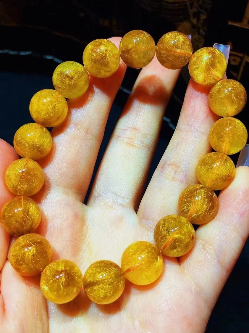 

Natural Cacoxenite Auralite 23 Gold Rutilated Quartz Bracelet 11.3mm Flower Clear Round Beads Bangle Women Men AAAAAA