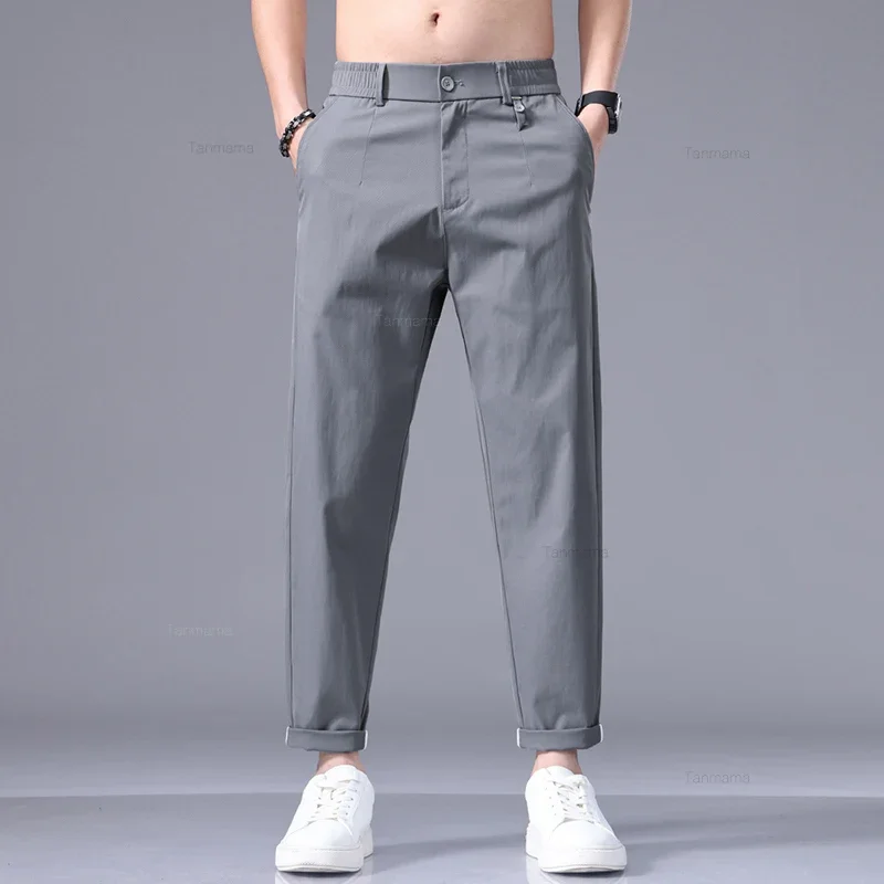 Ice Silk Ultra-thin Men\'s Casual Pants Summer Fashion Solid Color Loose Business Straight Ankle Length Trousers Black Gray Khaki