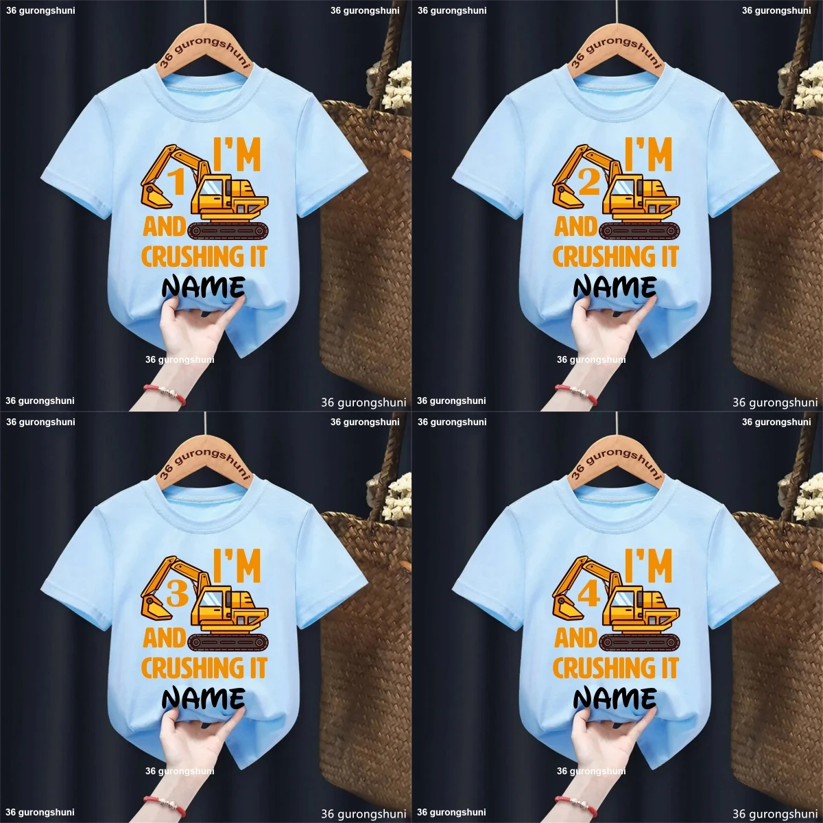 

Custom Name Funny Boys T Shirt Excavator T-Shirt Graphic Print 1-9th Birthday Gift Baby Girls Kids Clothes Blue Shirt Gray Top