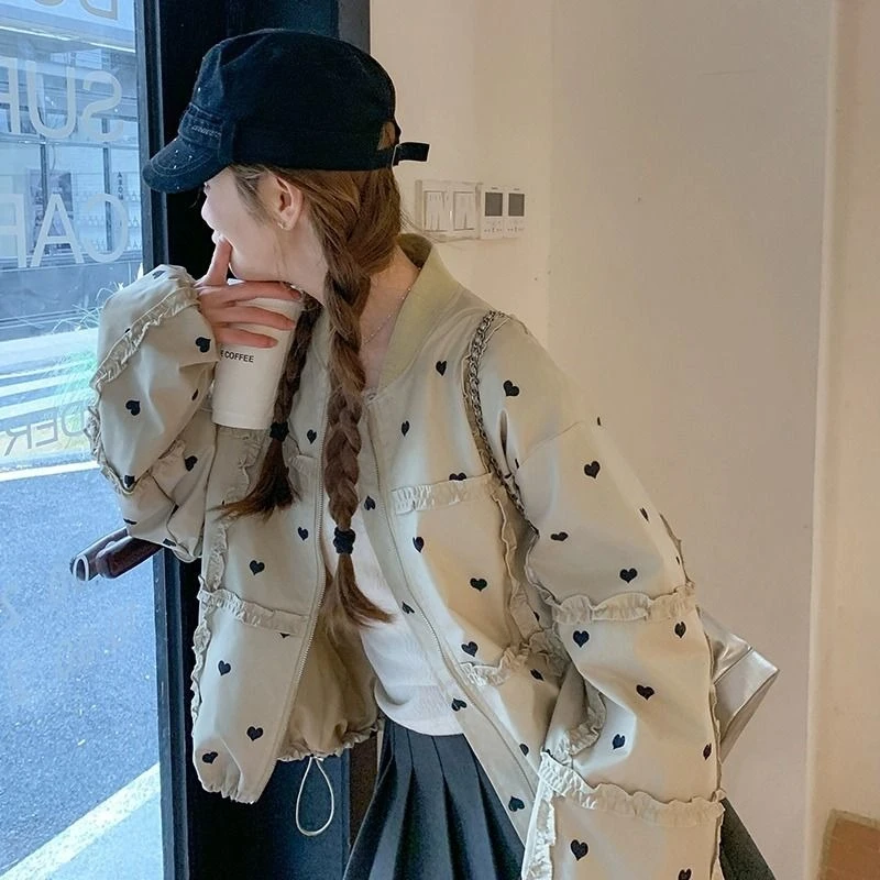 

Women's Loose Fit Short Baseball Jacket with Lace Trim Heart Design Spring Autumn 2025 Korean Style Casual Outerwear