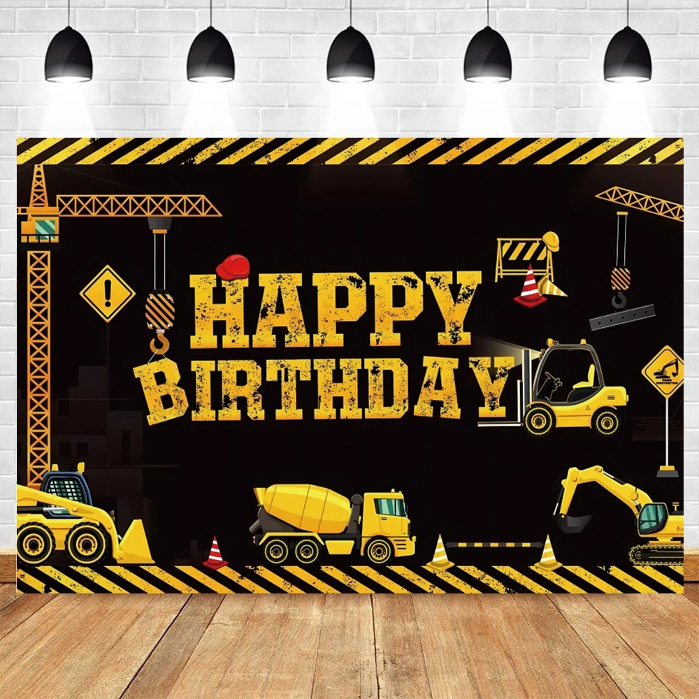 ฉากหลังของทีมก่อสร้างเครื่องขุดพื้นหลังภาพบุคคลสำหรับเด็กทารกของตกแต่งปาร์ตี้วันเกิดปรับแต่งการจราจรได้ตามต้องการ