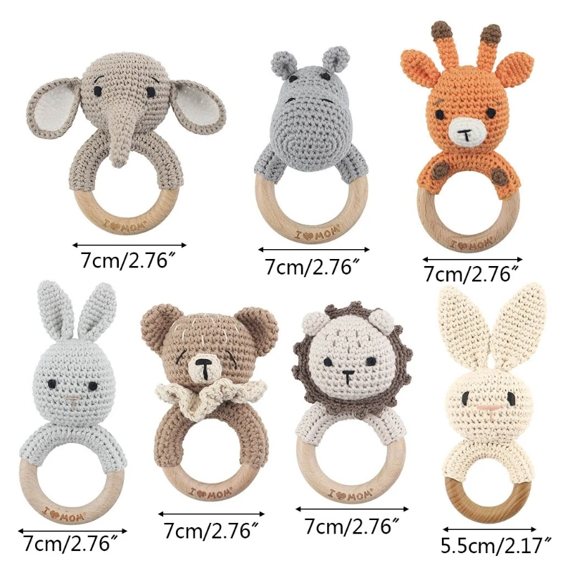 Baby Rasseln DIY Häkeln Cartoon Löwe Fuchs Puppe Hand Glocke Geschnitzte Holz Ring Zahnen Spielzeug Neugeborenen Molaren Beißring Pädagogisches Spielzeug