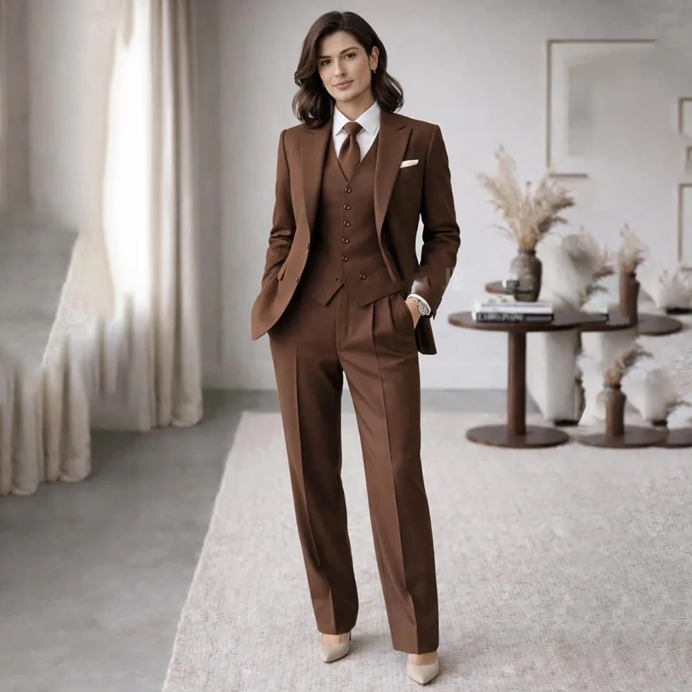 

Brown Women's Suits Customized 3 Piece Jacket Pants Vest Sets High Quality Single Breasted Peak Lapel Clothing Business Blazer