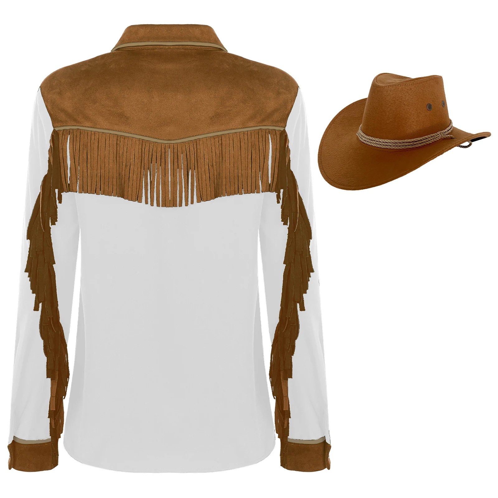 Womens Faux Suede Tassel Color Block Shirts with Cowboy Hat Turn-Down Collar Long Sleeve Buttons Fringed Blouse for Theme Party