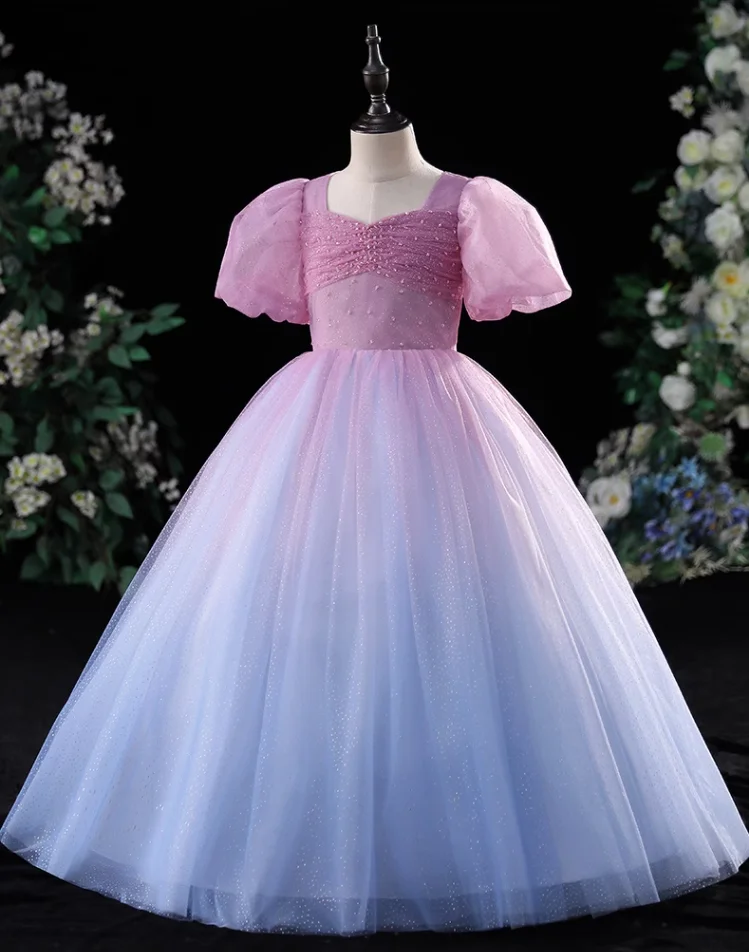 IRIDESCENT Gradient Blue Scoop Princess Bow Flower Girls Dress Short Sleeve Wedding Birthday Party Lace Zipper Children Clothing