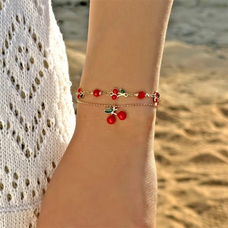 Nette Süße Rote Kirsche Kette Armband Halskette Für Frauen Vintage Gold Farbe Blume Obst Schlüsselbein Fußkettchen Hochzeit Schmuck – Detail 6