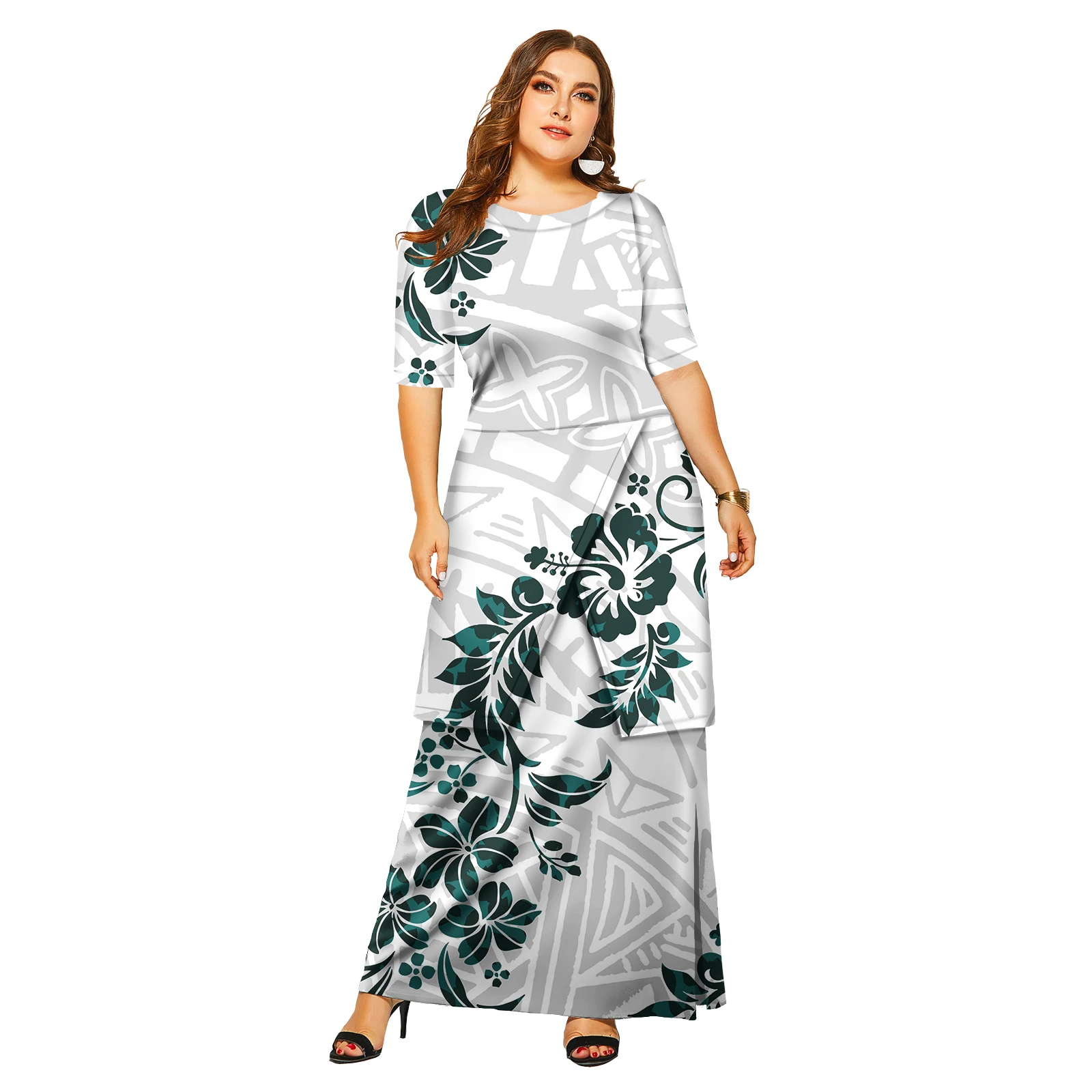 Women's Dress Design Hawaiian Tropical Style Short Sleeve Puletasi Samoan Dress 2 Piece Set Island Dress