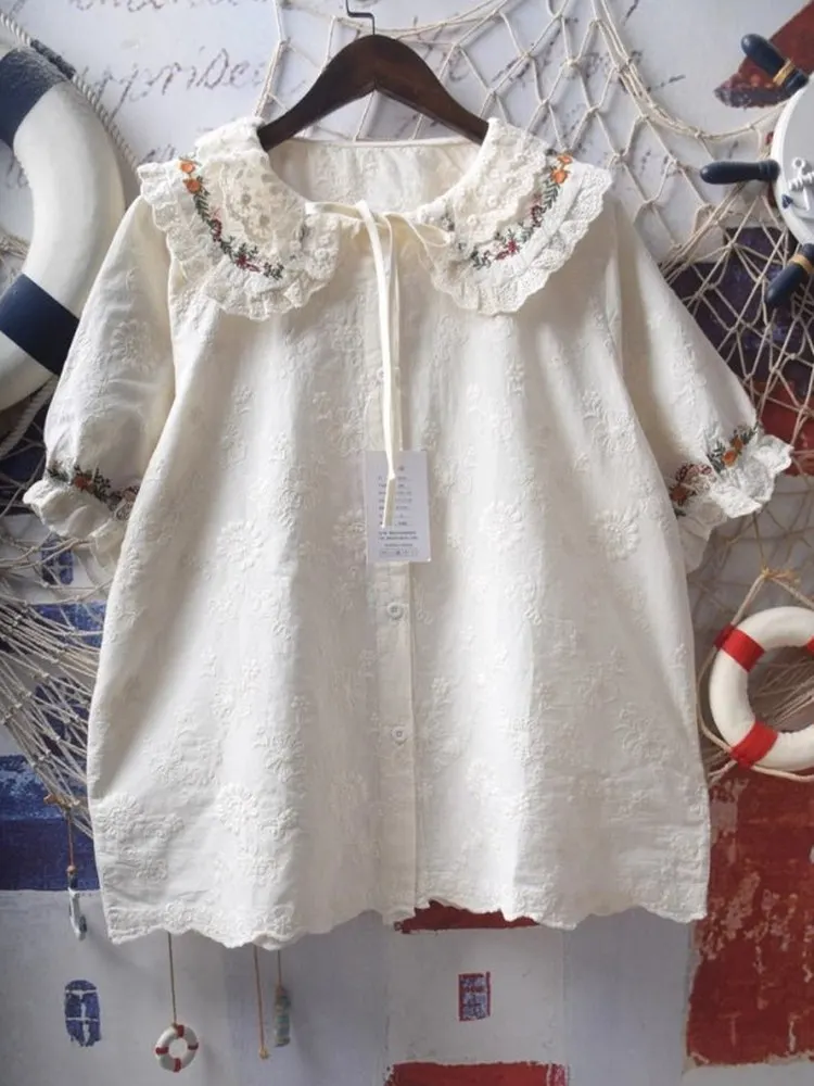 

Extra Large 300 Pounds Korean Style Embroidered Ruffle Short Sleeve Shirt Unisex Summer High End Feeling Doll Collar Shirt