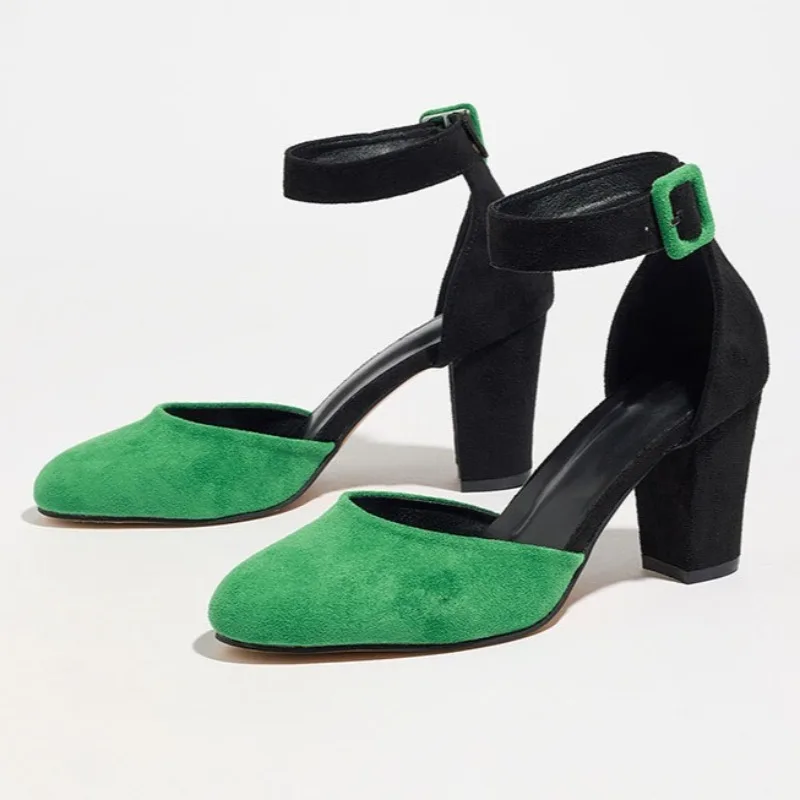 

Suede Chunky Heel Sandals Woman Mixed Color Ankle Strap Hollow Elegant Woman Pumps Round Toe Casual Retro High Heels Female