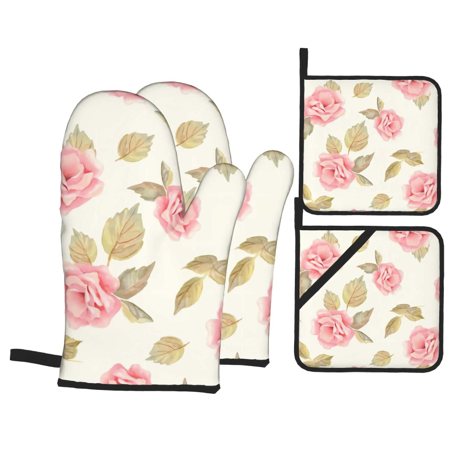 Oven Mitts and Pot Holders Set Beautifu Flowers Kitchen Mittens with Potholders Surface for Baking Cooking BBQ