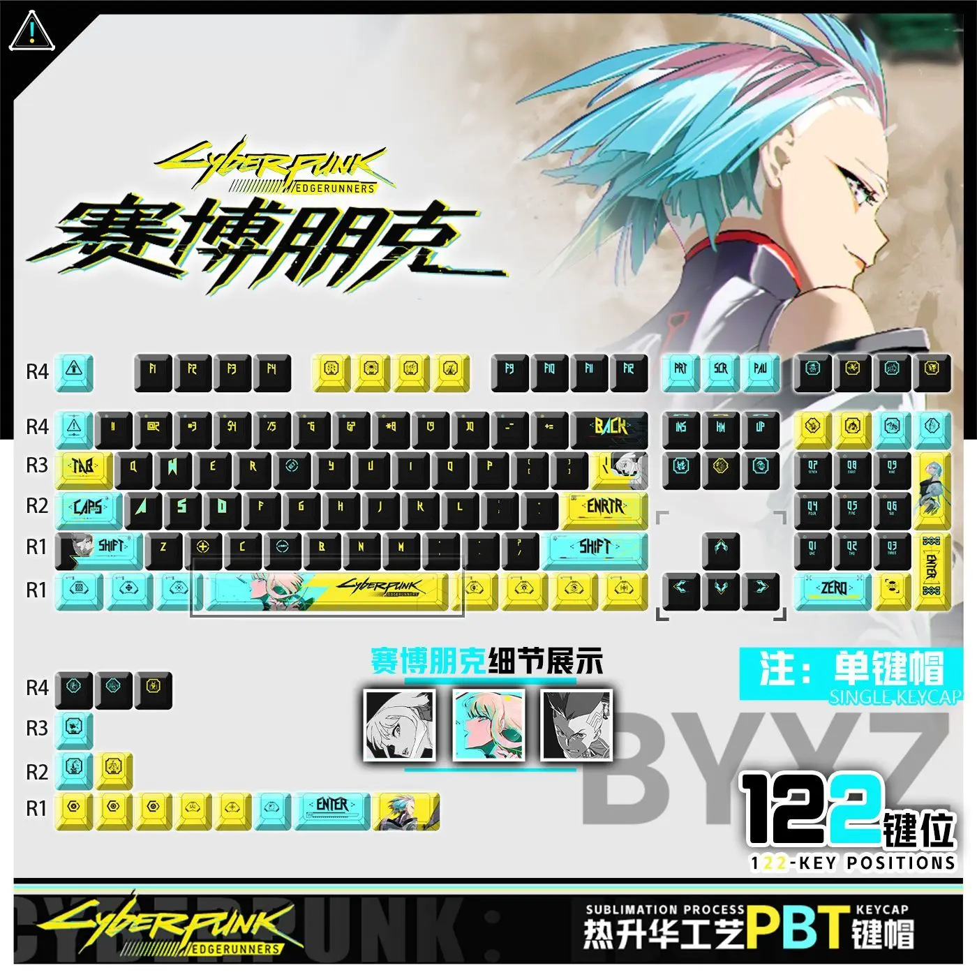 

122 клавиши Cyberpunk: Edgerunners Колпачки для клавиш Аниме-игры Chreey PBT Прозрачный колпачок для механической клавиатуры Made68 Mad68 Wooting 60