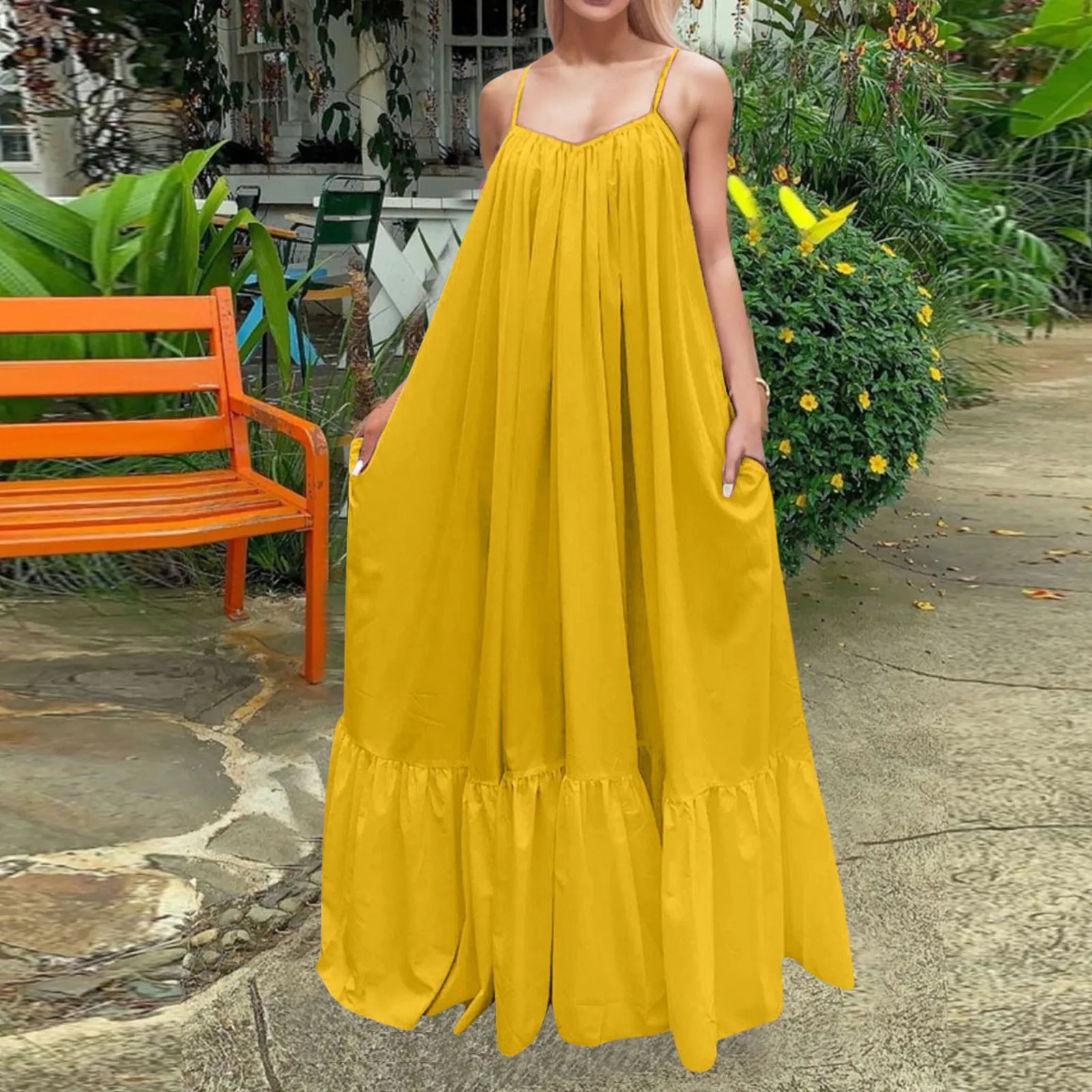 Plus Size Dresses For Curvy Women Spaghetti Strap Solid Color A-Line Ruffles Maxi Dress For Female Formal Holiday Dress 2024