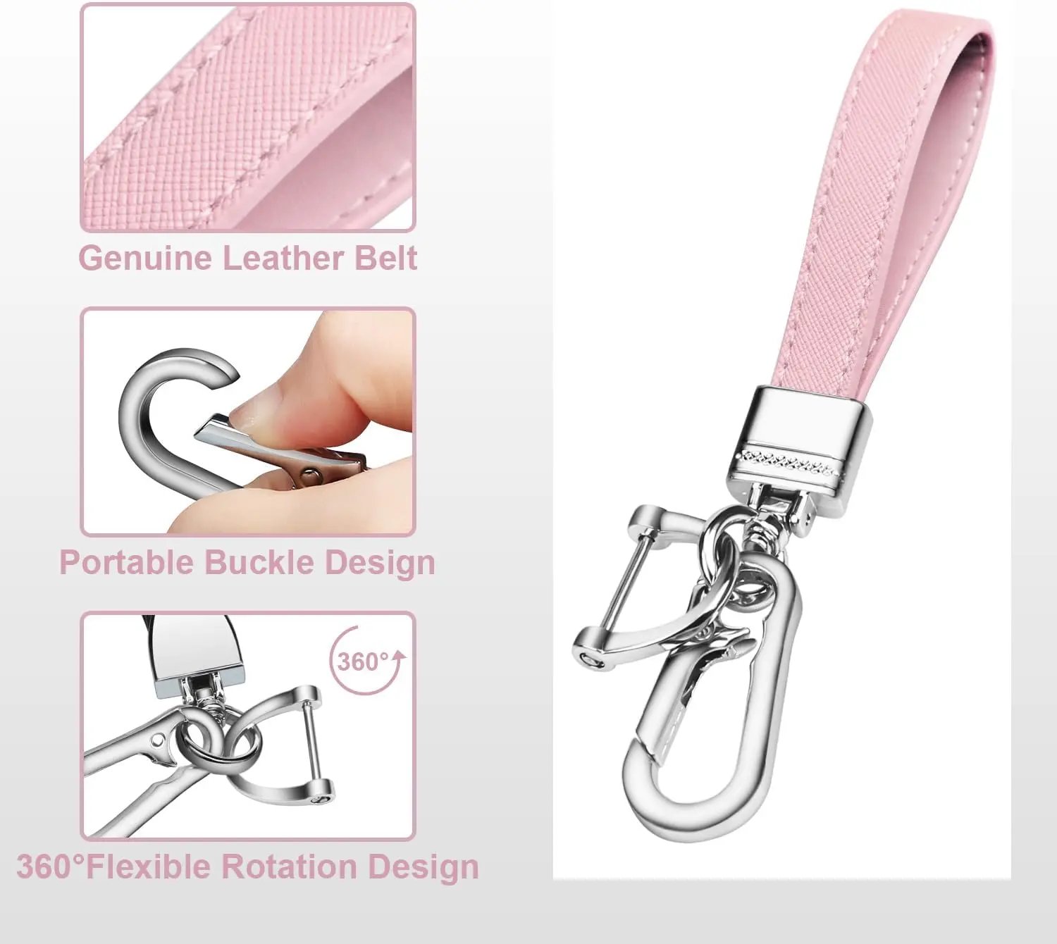 QBUC Genuine Leather Car Keychain Universal Metal Key Chain (Light Pink)