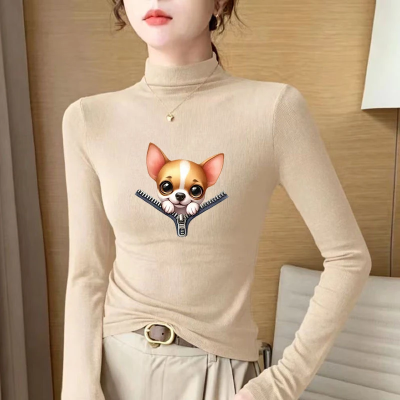 2026 New Autumn Winter Thermal Brushed Fleece Long Sleeve Graphic Print T shirt Blouses Female Warm Shirt Women Top