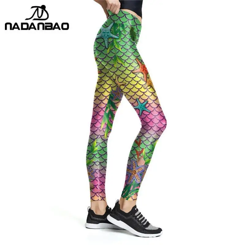 NADANABO New Blue Wonder Mermaid Leggings Gradient Color Fish Scale Printed Pants Workout Elastic Leggins High Waist Legins