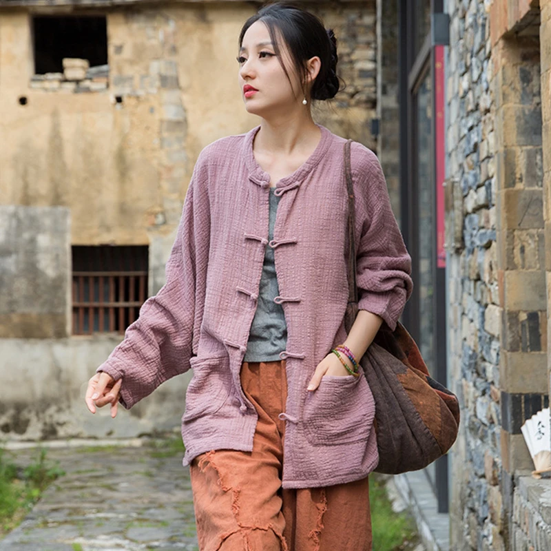 

Женская хлопково-льняная рубашка с длинным рукавом, новинка весны 2025 года, однотонные свободные женские повседневные топы в китайском стиле с круглым вырезом M1308