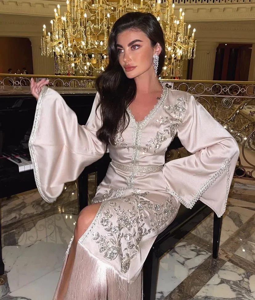 Appliques Prom Dresses Front Split Tassels Long Sleeves Formal Evening Dresses Ankle-Length Arabia Party Gowns