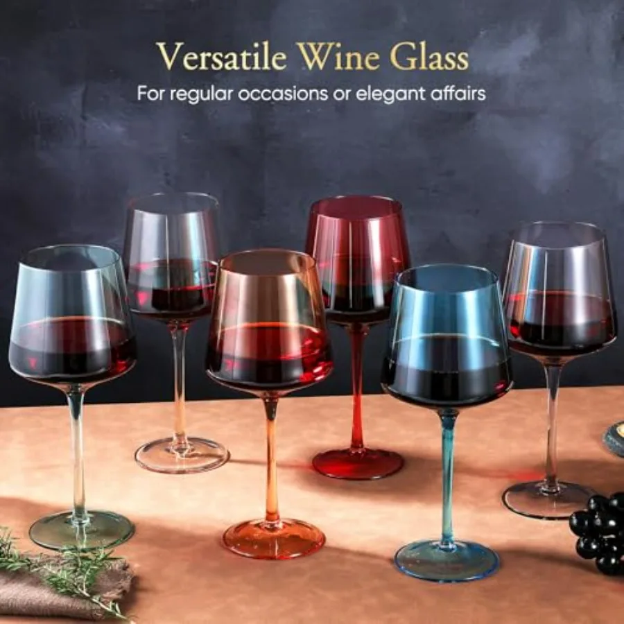 Colorful HandBlown Crystal Wine Glasses Set of 6 19oz with Unique Long Stem for Elegant Dinner Parties Wedding Anniversary Chri