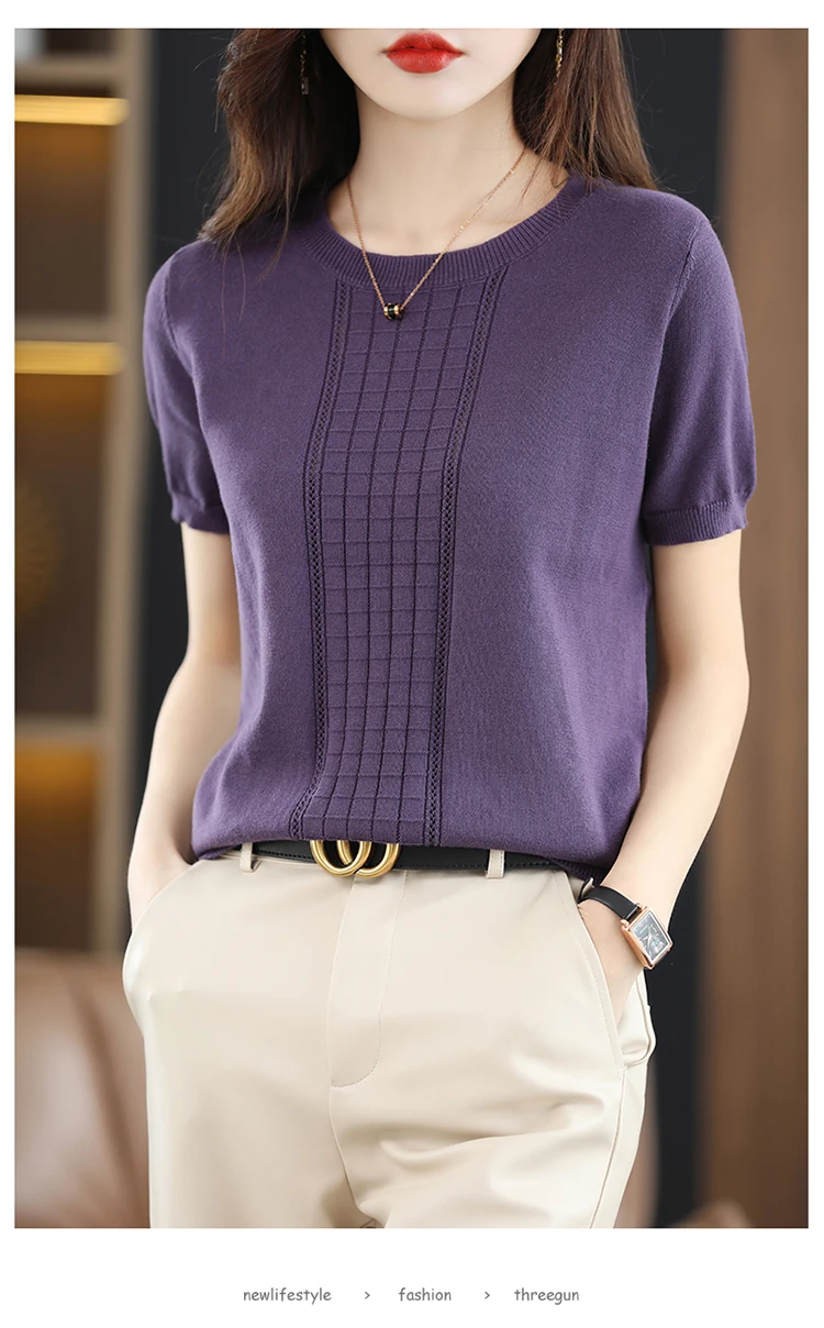 Women's T-Shirt Summer New 100% Cotton Pullover Short Sleeve Casual Solid Color Knit Crew Neck Ladies Tops Tees Blouse