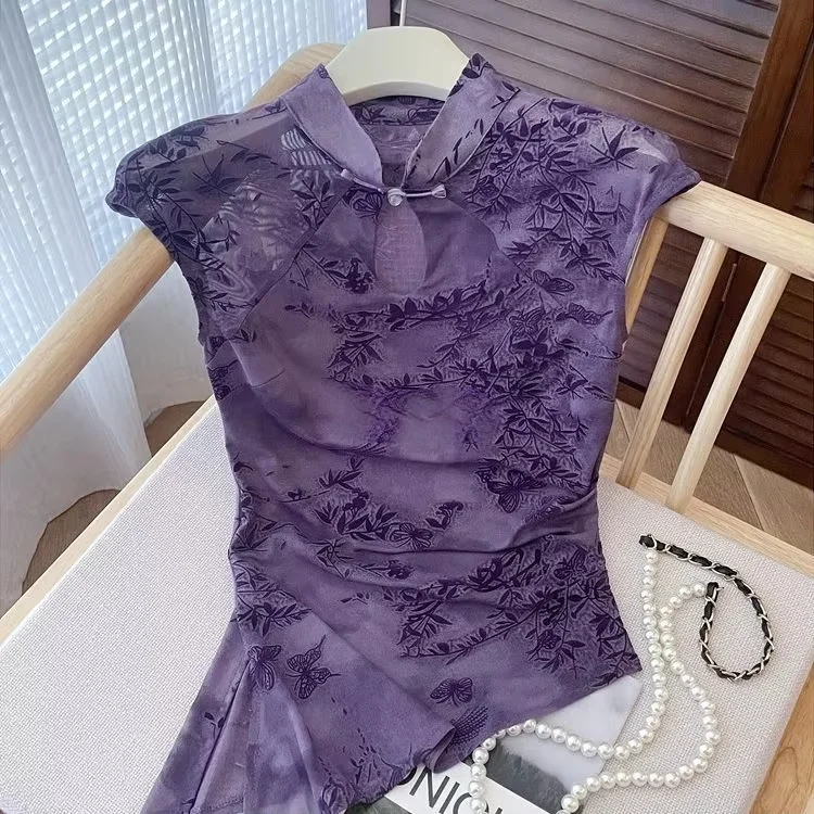 

2026new retro chinese traditional hollow out design short sleeve stand collar irregular design cheongsam shirt elegant qipao top