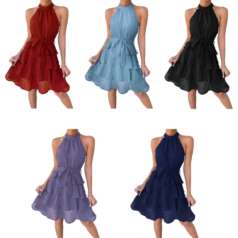 

Womens Halter Neck Cocktail Party Ruffle Layer Solid Color A-Line Short Dress Dropshipping