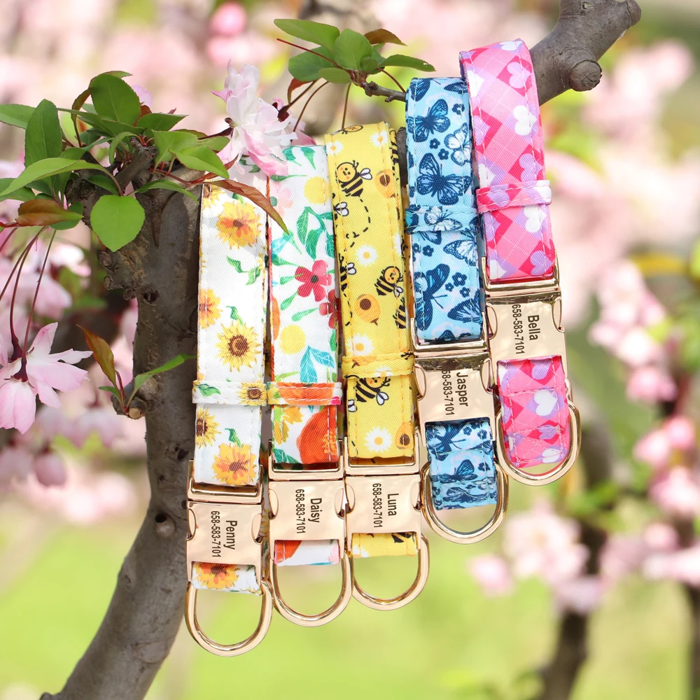 Floral Printed Custom Dog Collar Personalized Adjustable Nylon Pet Dog Nameplate ID Tag Collar Metal Buckle For Small Large Dogs