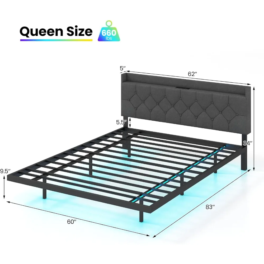 Floating Bed Frame Queen Size with LED Lights, Modern Platform Bed with Adjustable Upholstered Headboard & Charging Station