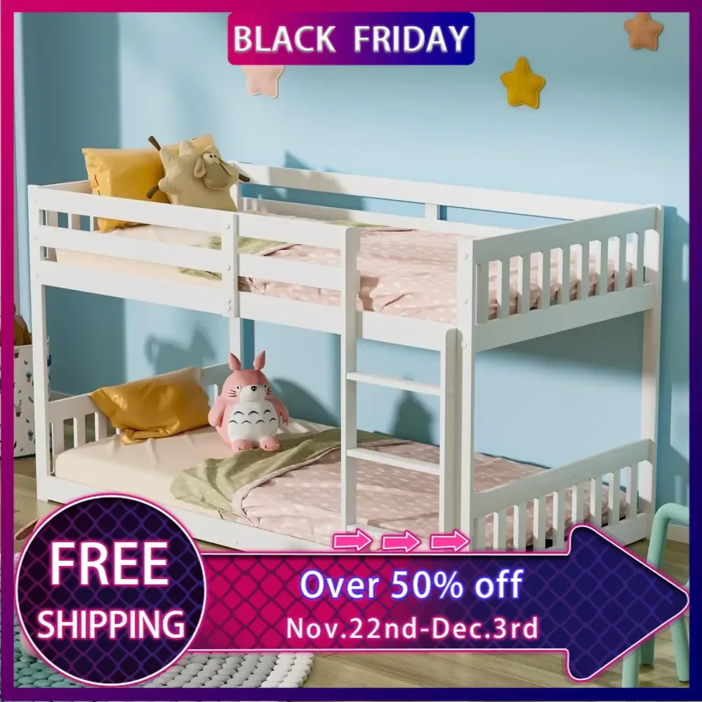 Solid Wood Low Twin Over Twin Bunk Bed for Kids/Toddlers/Junior, Bunk Bed Frame with Guardrails & Ladder for Boys Girls, White