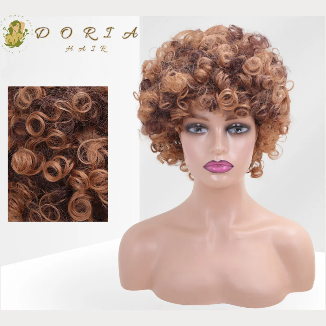 

Double Color Curly Wigs Wild-curl Up Bang Head Hair Short Blonde Wig Drag Queen Costume High Quality Synthetic Wig without Glue