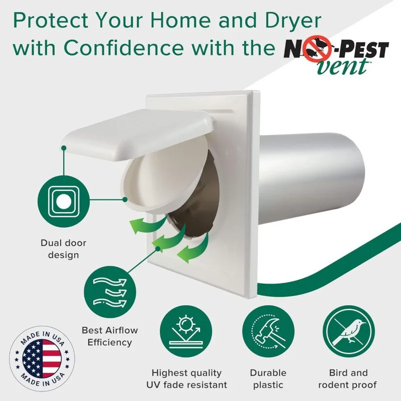 Dual Door Dryer Vent Cover, Outdoor Dryer Vent Duct Tube & Trim Ring, Highest UV Resistant Plastic in any Vent Cover