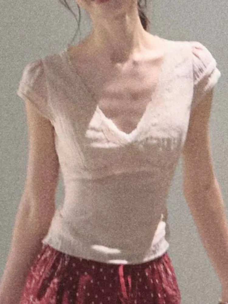 French retro double-layer lace V-neck strap women's T-shirt summer Y2K Harajuku sweet slim fit sexy temperament women's top