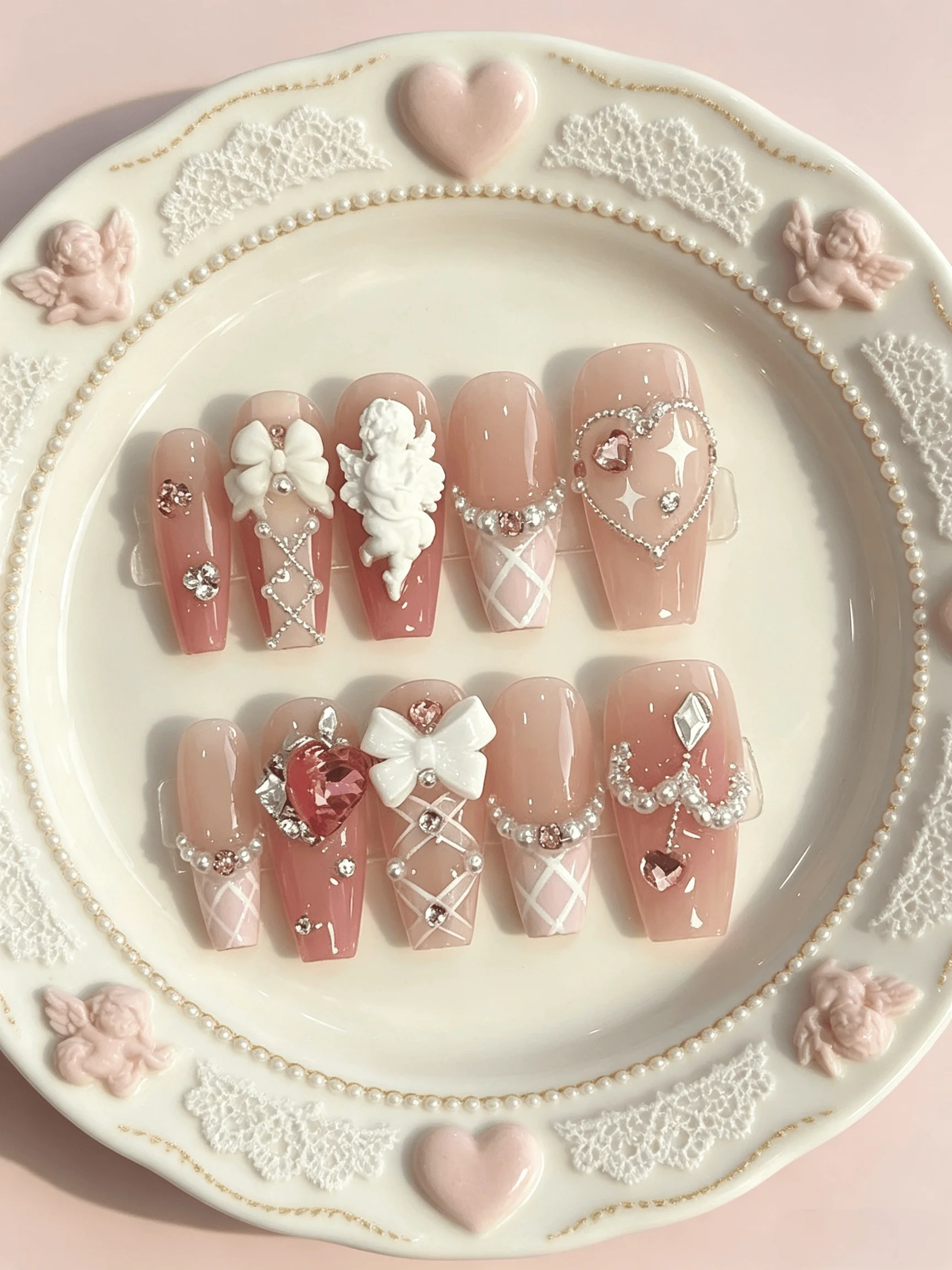 10 Pieces of Handmade Wearable Nail Art, Trapezoidal Full-Cover Nail Tips, Medium Length, Nude Pink, Angelic Sweet-Cool Lolita Style, Suitable for Women and Girls, Perfect for Birthday Parties, Comic Conventions, and Dates, Ideal as a Gift, Includes 1 Piece of Jelly Glue and 1 Nail File