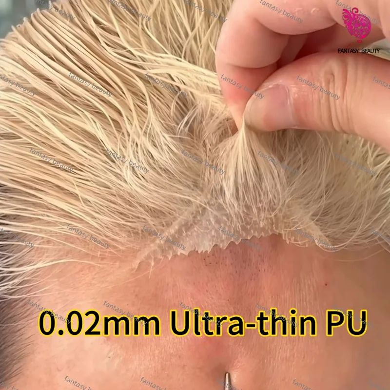 

Светло-коричневый блондин 613 # 22R мужские парики парик невидимый супер 0,02 мм тонкая кожа 100% плотность полная искусственная основа черная линия волос мужской парик