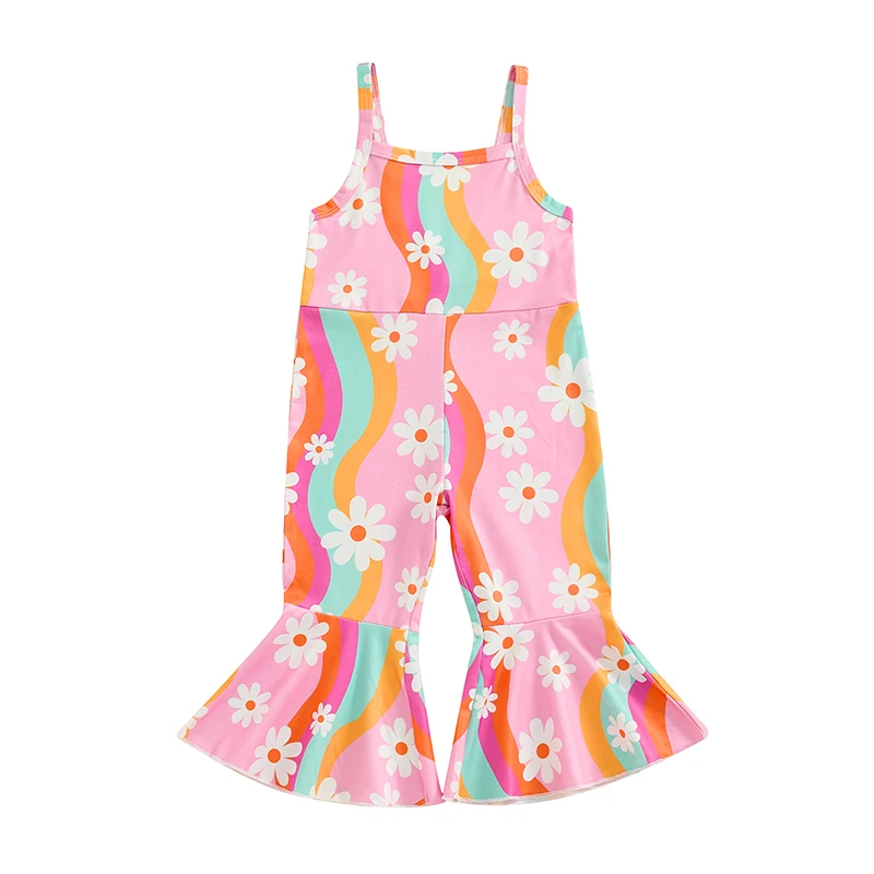 

GINEVSAL Toddler Girl Summer Jumpsuit Floral Rainbow Print Sleeveless Flared Jumpsuit Romper Bell Bottom Clothes 6M-4T